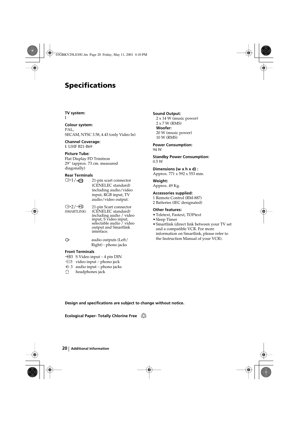 Specifications | Sony FD Trinitron KV-29LS30U User Manual | Page 20 / 23