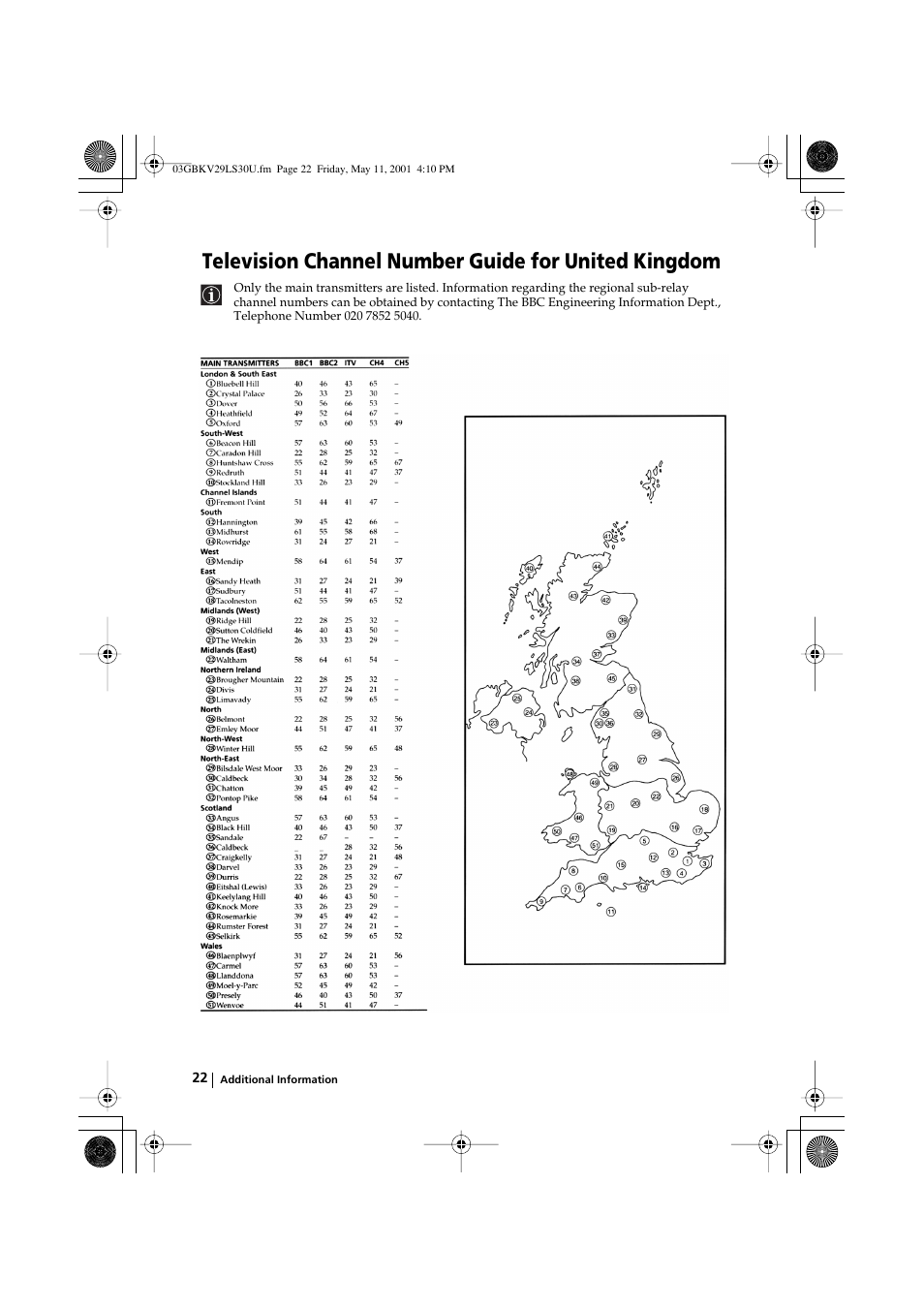 Television channel number guide for united kingdom | Sony FD Trinitron KV-29LS30U User Manual | Page 22 / 23