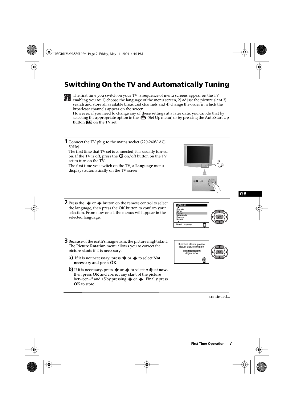 Switching on the tv and automatically tuning | Sony FD Trinitron KV-29LS30U User Manual | Page 7 / 23