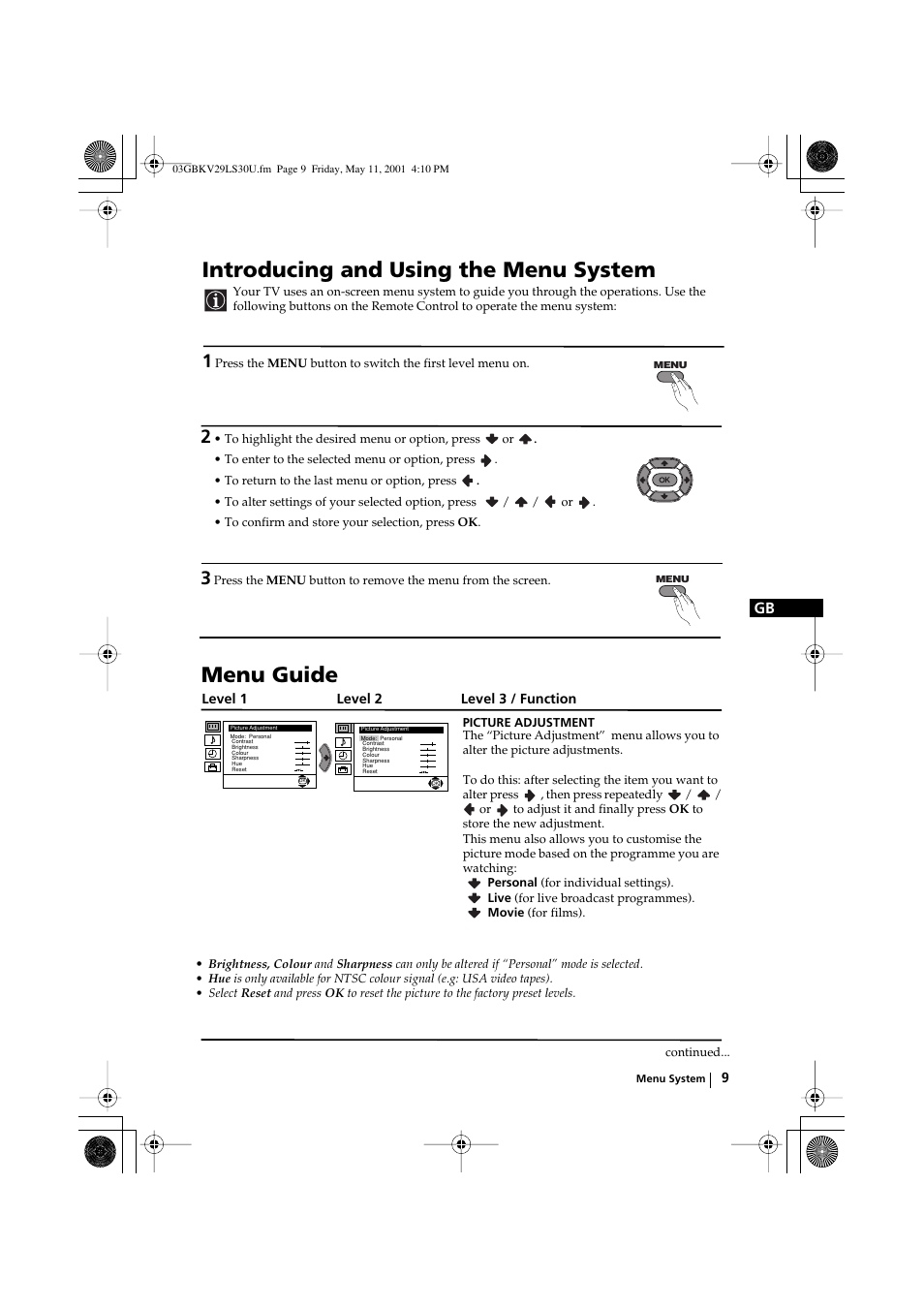 Introducing and using the menu system, Menu guide | Sony FD Trinitron KV-29LS30U User Manual | Page 9 / 23