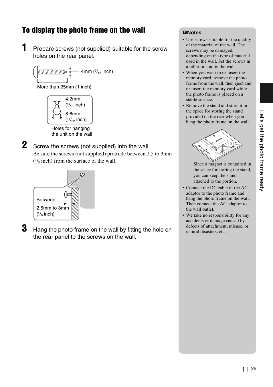 To display the photo frame on the wall | Sony S-FRAME DPF-D85 User Manual | Page 11 / 32