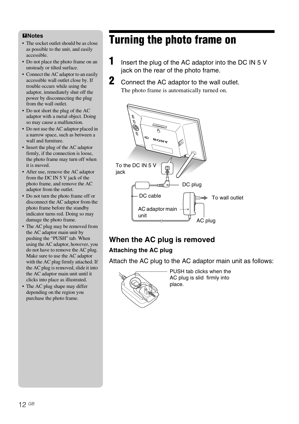 Turning the photo frame on, When the ac plug is removed | Sony S-FRAME DPF-D85 User Manual | Page 12 / 32