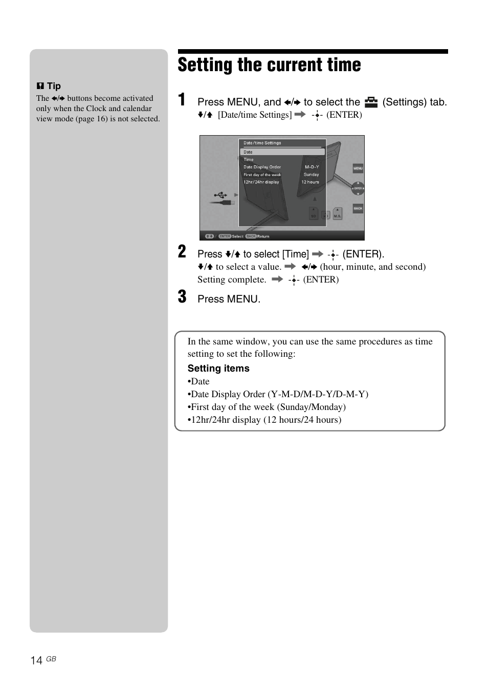 Setting the current time | Sony S-FRAME DPF-D85 User Manual | Page 14 / 32