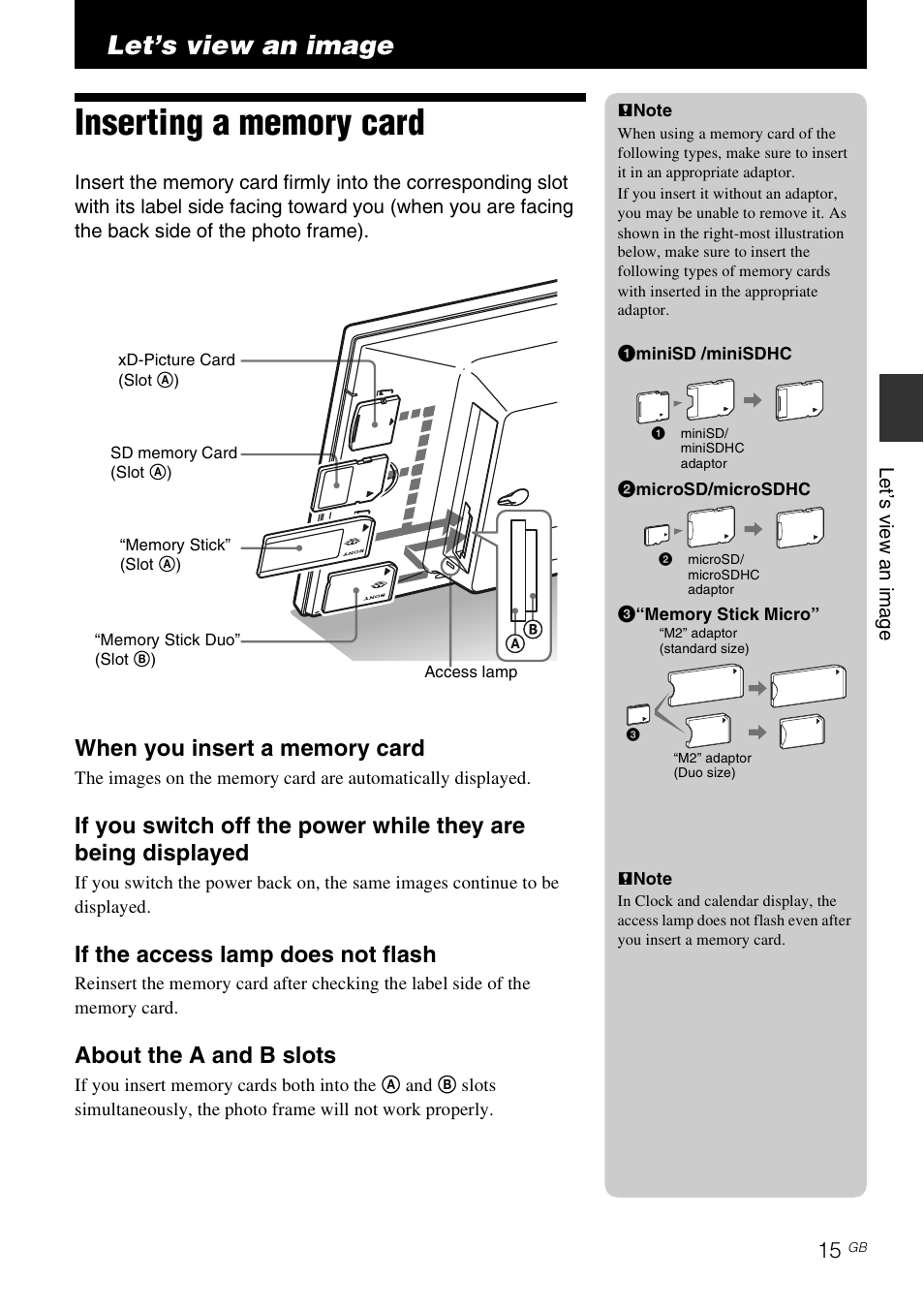 Let’s view an image, Inserting a memory card, If the access lamp does not flash | About the a and b slots | Sony S-FRAME DPF-D85 User Manual | Page 15 / 32