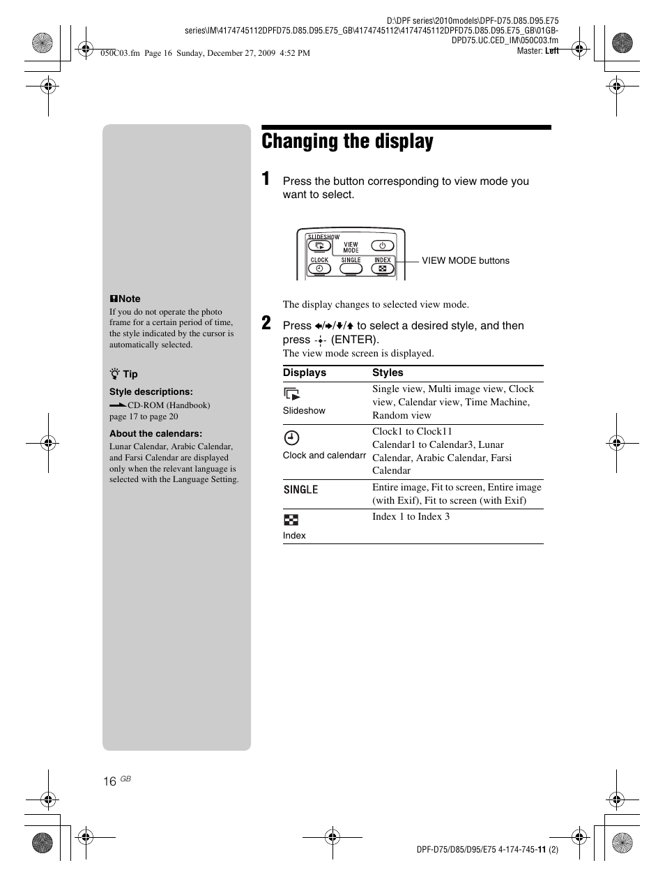 Changing the display | Sony S-FRAME DPF-D85 User Manual | Page 16 / 32