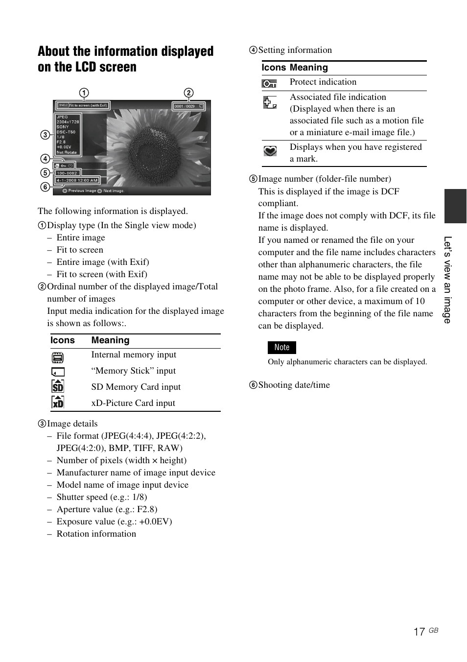 About the information displayed on the lcd screen | Sony S-FRAME DPF-D85 User Manual | Page 17 / 32