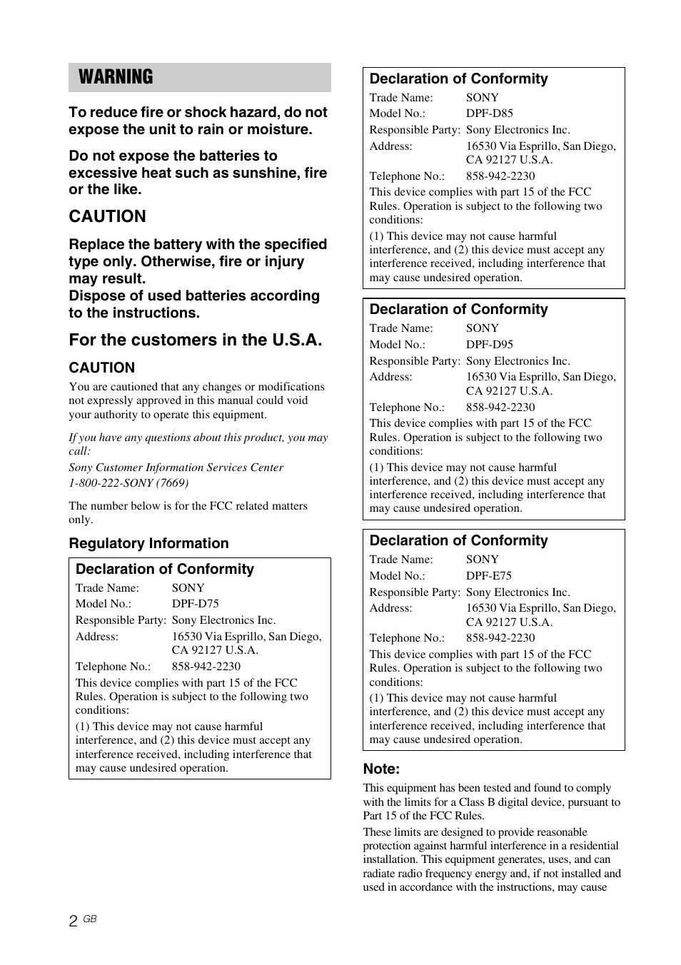 Warning, Caution, For the customers in the u.s.a | Sony S-FRAME DPF-D85 User Manual | Page 2 / 32