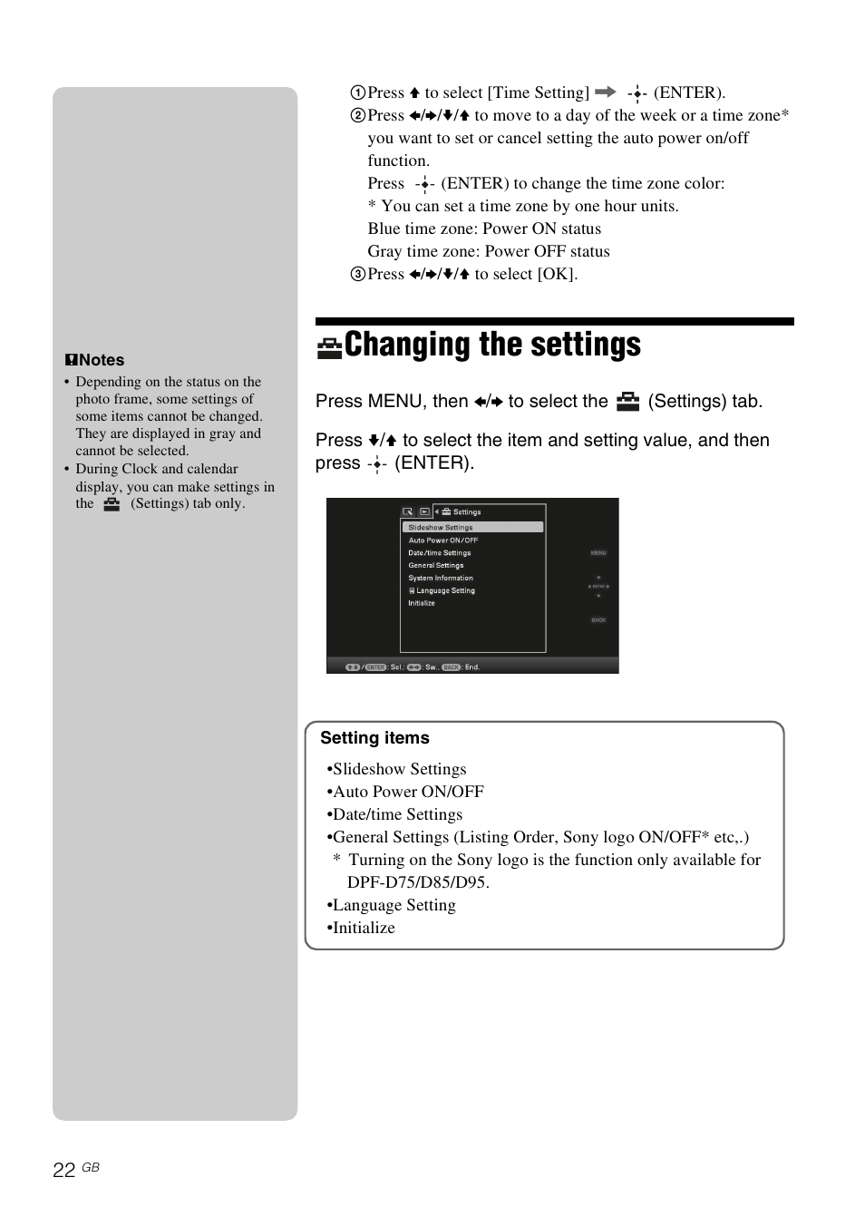 Changing the settings | Sony S-FRAME DPF-D85 User Manual | Page 22 / 32