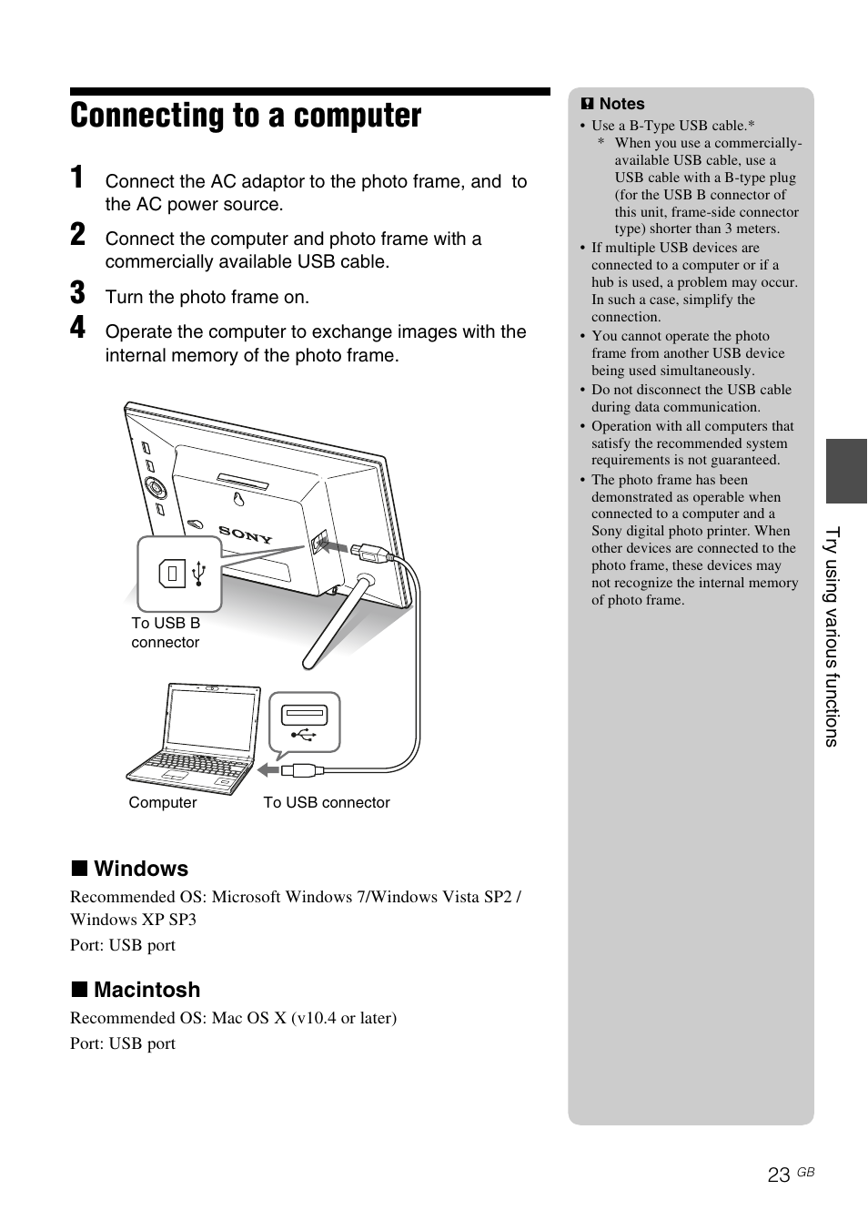 Connecting to a computer | Sony S-FRAME DPF-D85 User Manual | Page 23 / 32