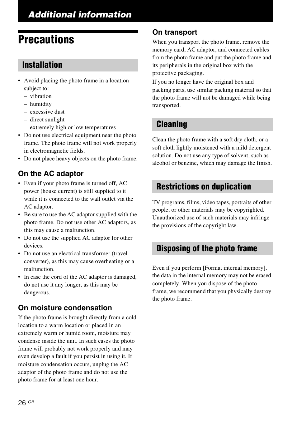 Additional information, Precautions, Installation | Cleaning, Restrictions on duplication, Disposing of the photo frame | Sony S-FRAME DPF-D85 User Manual | Page 26 / 32