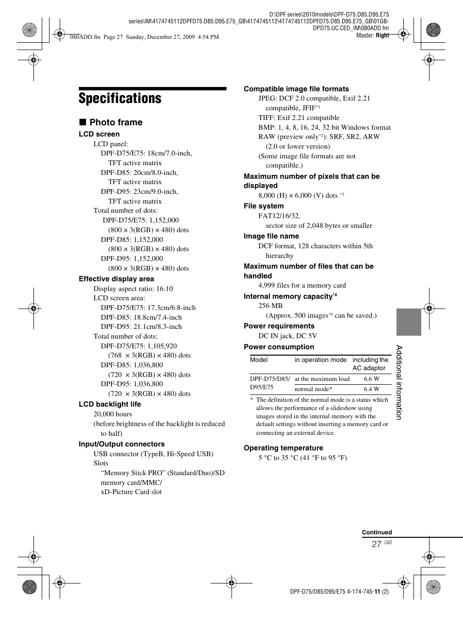 Specifications, X photo frame | Sony S-FRAME DPF-D85 User Manual | Page 27 / 32