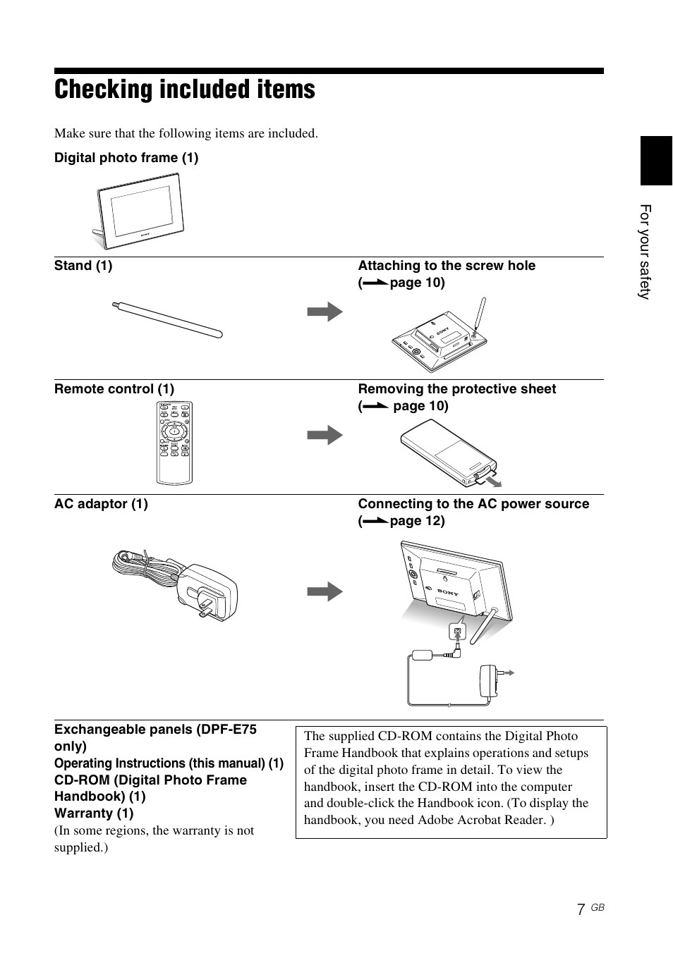 For your safety, Checking included items, O you sa e y | Sony S-FRAME DPF-D85 User Manual | Page 7 / 32