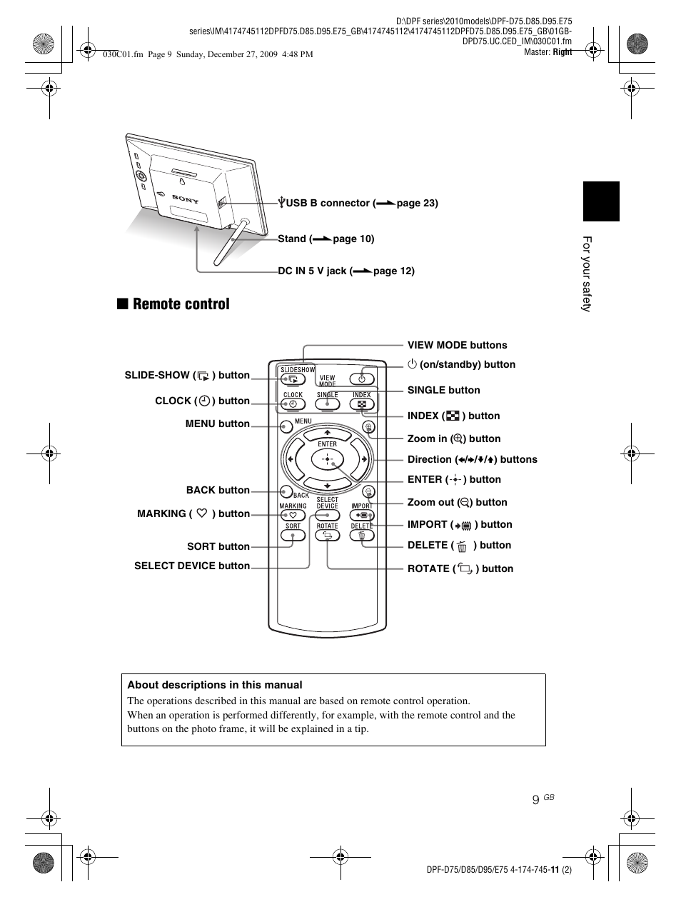 Remote control, Xremote control | Sony S-FRAME DPF-D85 User Manual | Page 9 / 32