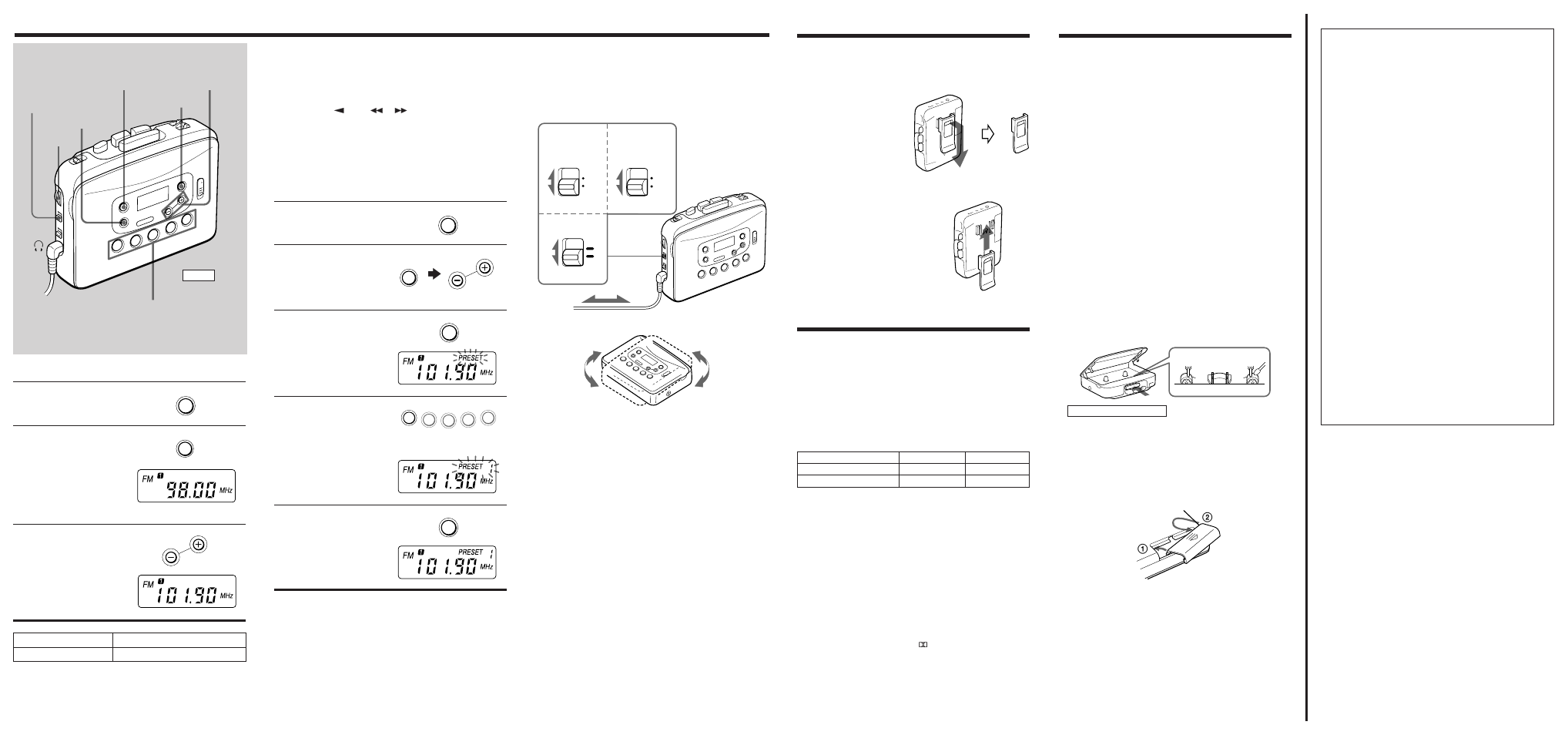 Using the belt clip, Precautions, Listening to the radio | Specifications, Limited warranty | Sony Walkman Radio Cassette Player WM-FX421 User Manual | Page 2 / 2