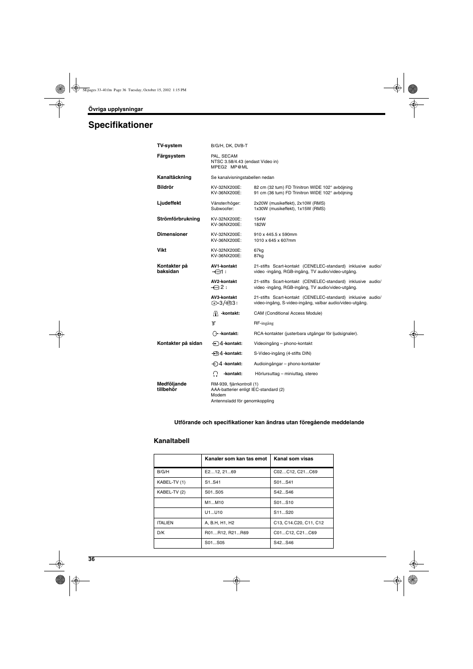 Specifikationer, Kanaltabell | Sony KD-32NX200E User Manual | Page 114 / 120