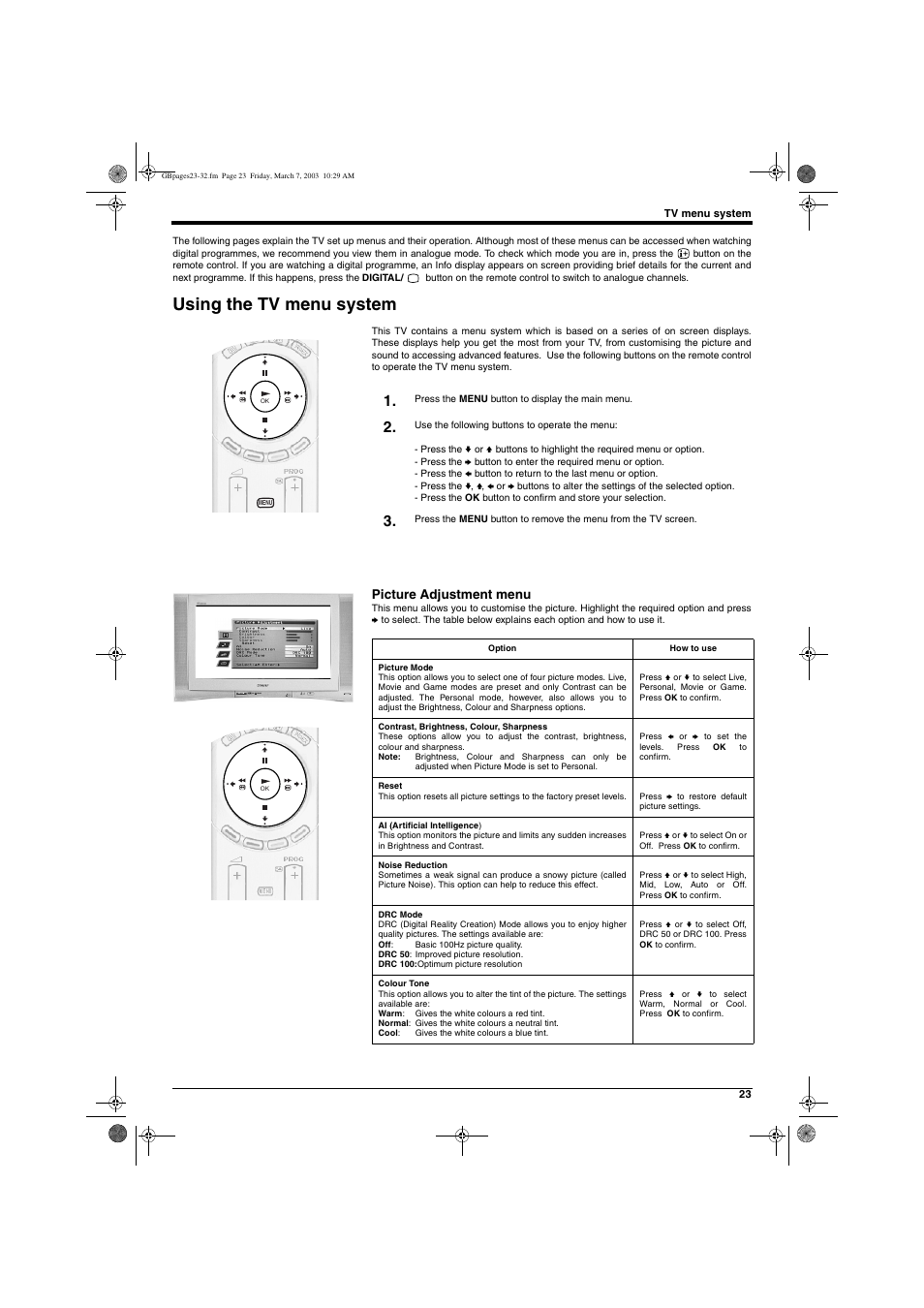 Using the tv menu system, Picture adjustment menu | Sony KD-32NX200E User Manual | Page 25 / 120