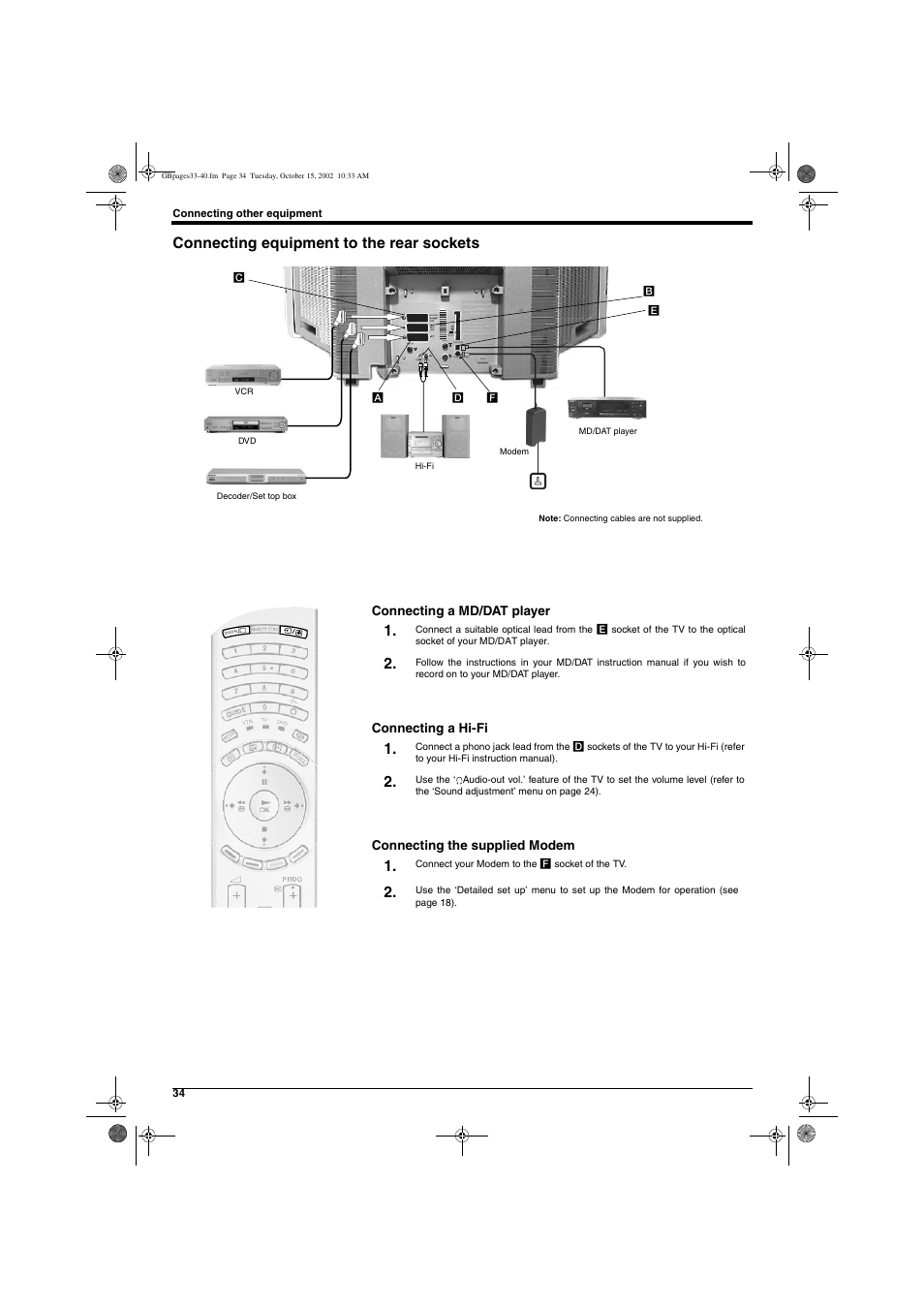 Connecting equipment to the rear sockets, R/d/d/d l/g/s/i analogue, Smartlink) digital optical output modem | 5v 200ma | Sony KD-32NX200E User Manual | Page 36 / 120