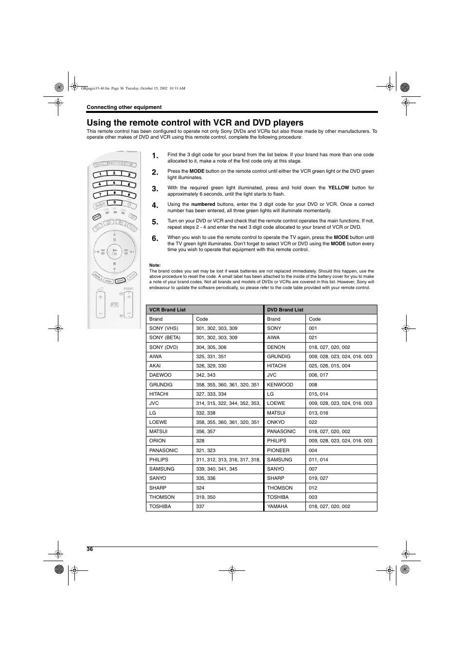 Using the remote control with vcr and dvd players | Sony KD-32NX200E User Manual | Page 38 / 120
