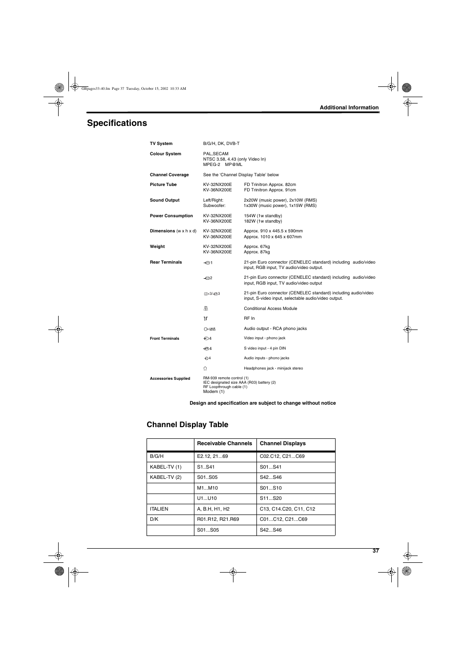 Specifications, Channel display table | Sony KD-32NX200E User Manual | Page 39 / 120
