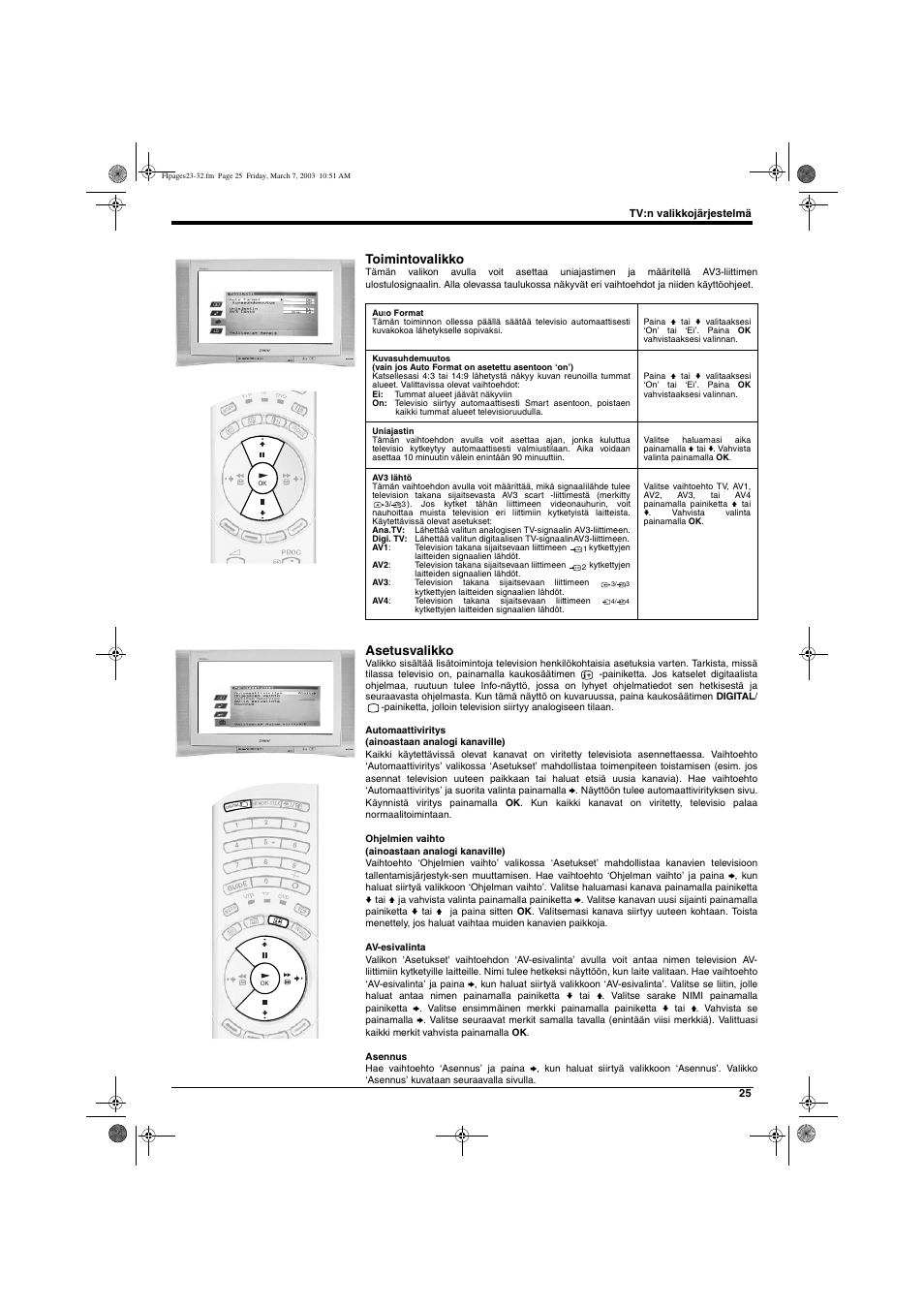 Toimintovalikko, Asetusvalikko | Sony KD-32NX200E User Manual | Page 65 / 120
