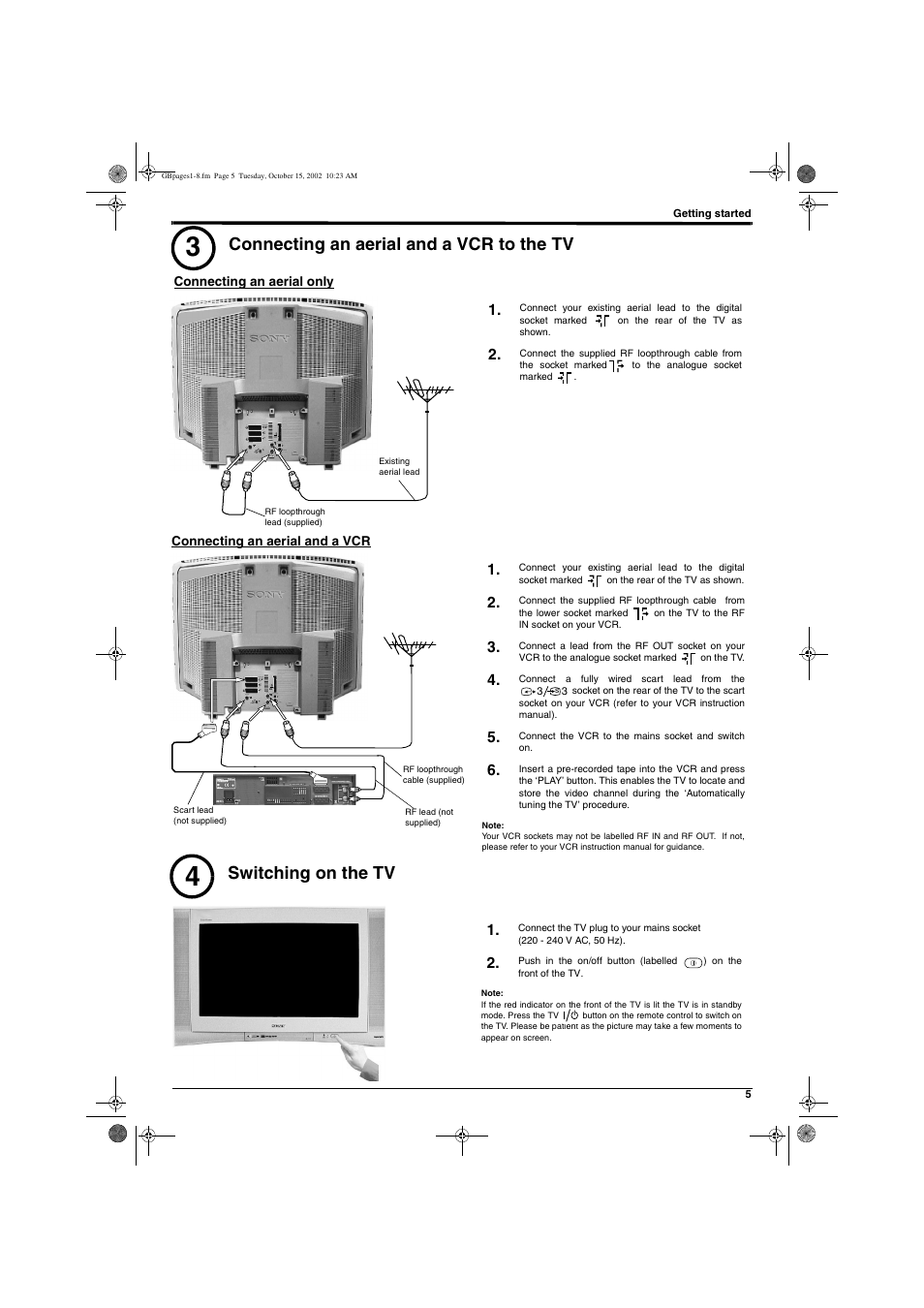 Connecting an aerial and a vcr to the tv, Switching on the tv | Sony KD-32NX200E User Manual | Page 7 / 120