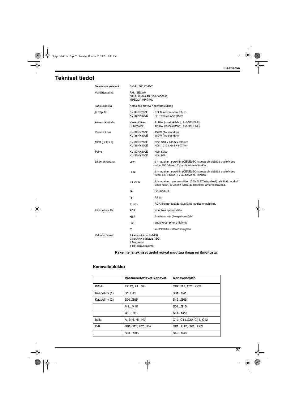 Tekniset tiedot, Kanavataulukko | Sony KD-32NX200E User Manual | Page 77 / 120