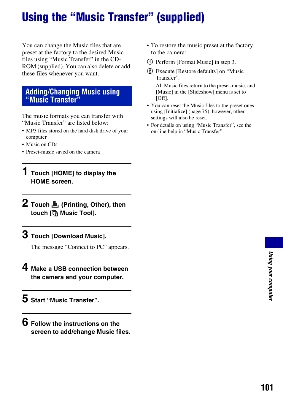 Using the “music transfer” (supplied) | Sony Cyber-shot 3-700-727-12(1) User Manual | Page 101 / 135