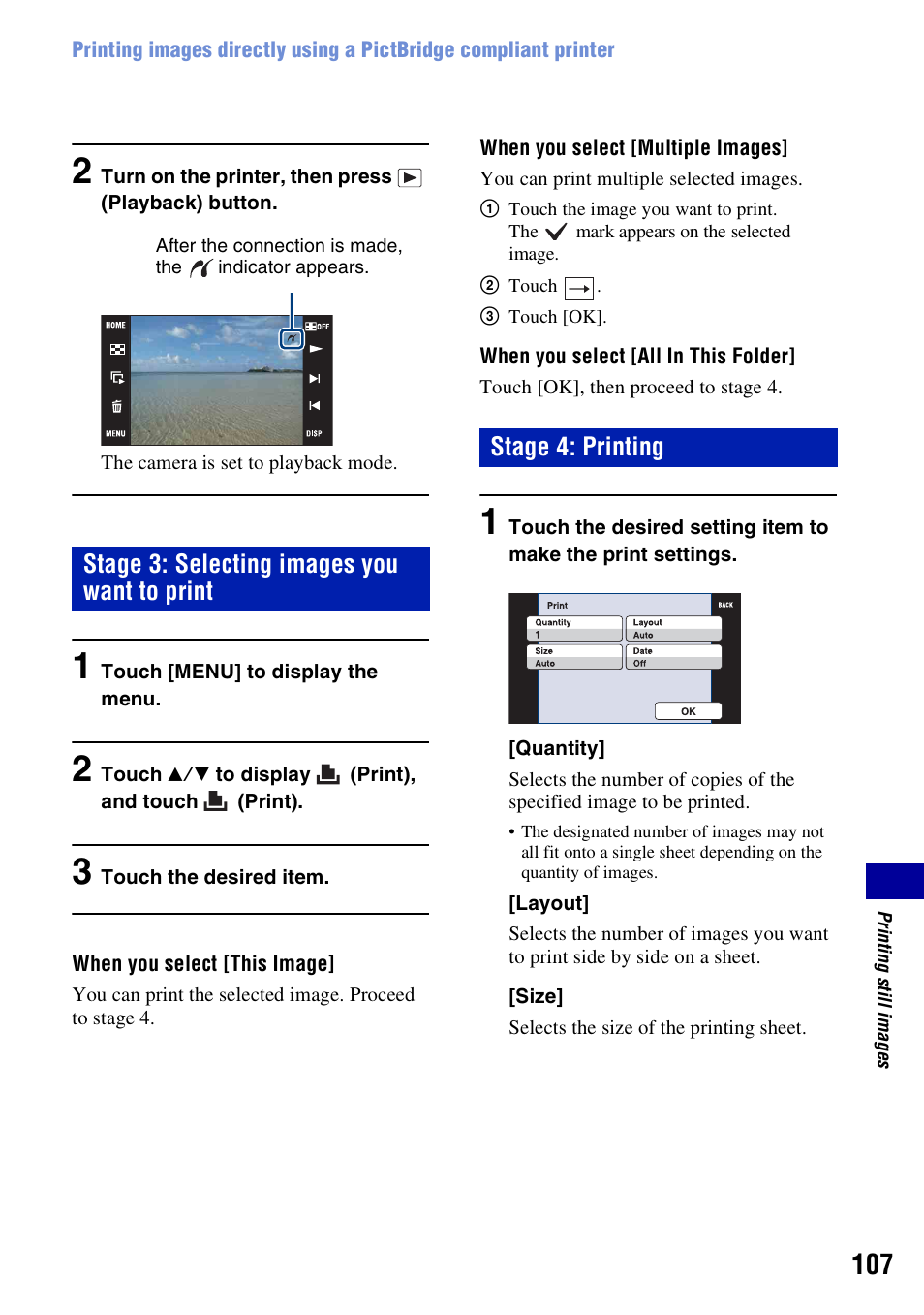 Stage 3: selecting images you want to print, Stage 4: printing | Sony Cyber-shot 3-700-727-12(1) User Manual | Page 107 / 135