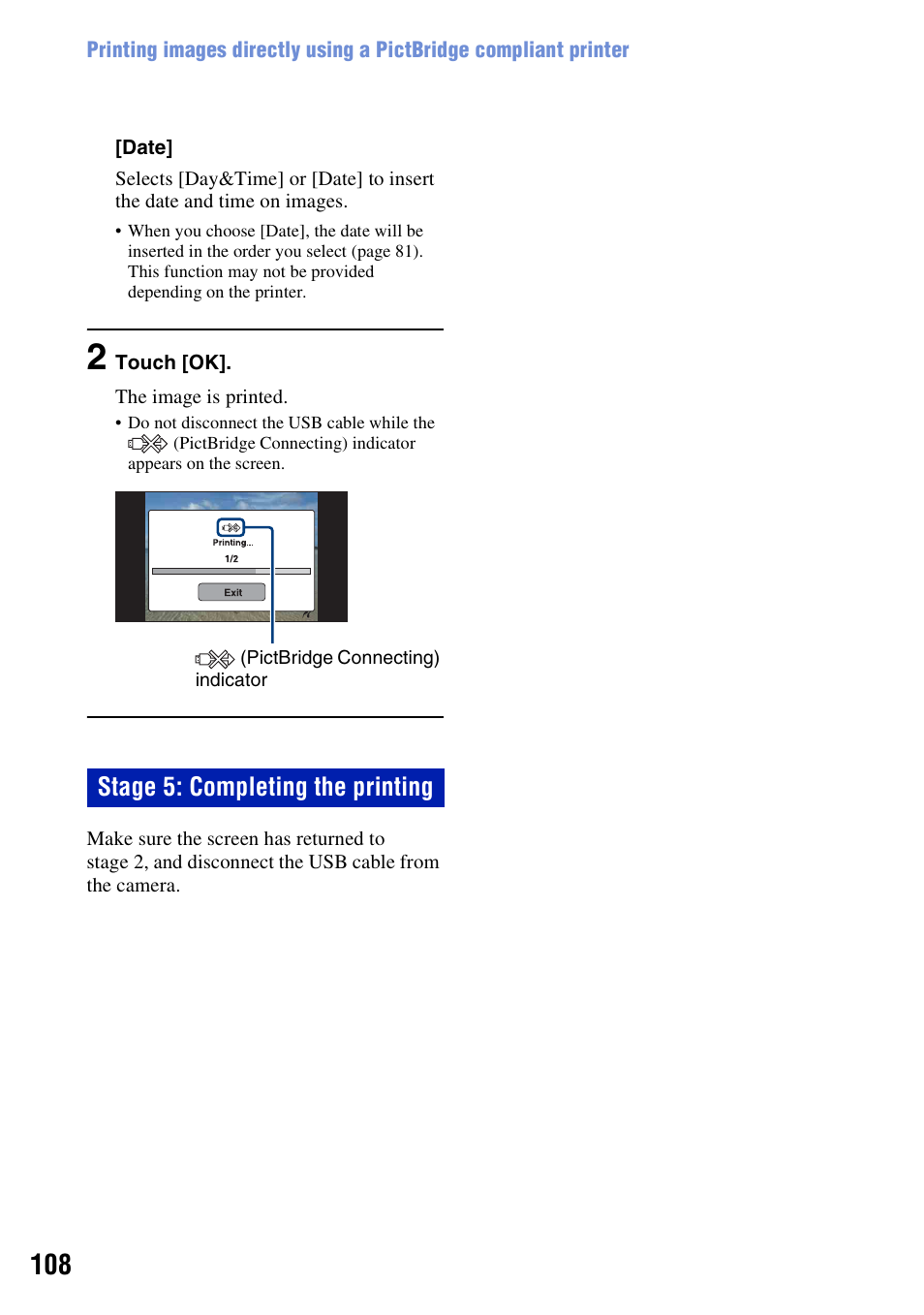 Stage 5: completing the printing | Sony Cyber-shot 3-700-727-12(1) User Manual | Page 108 / 135