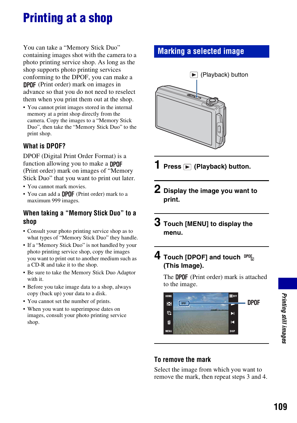 Printing at a shop, Marking a selected image | Sony Cyber-shot 3-700-727-12(1) User Manual | Page 109 / 135