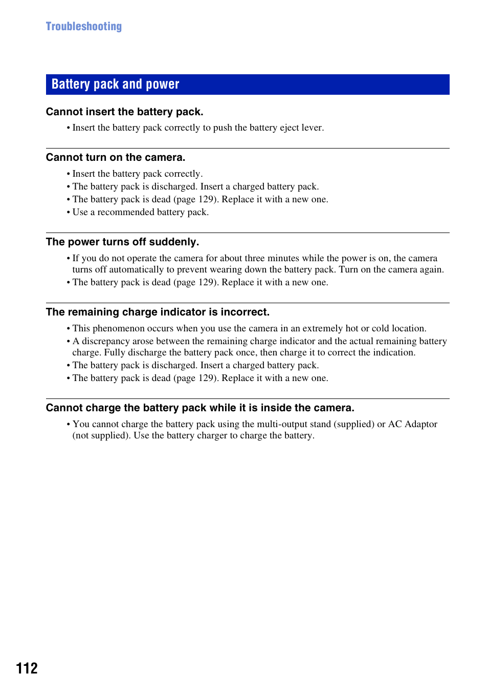 112 t, Battery pack and power | Sony Cyber-shot 3-700-727-12(1) User Manual | Page 112 / 135