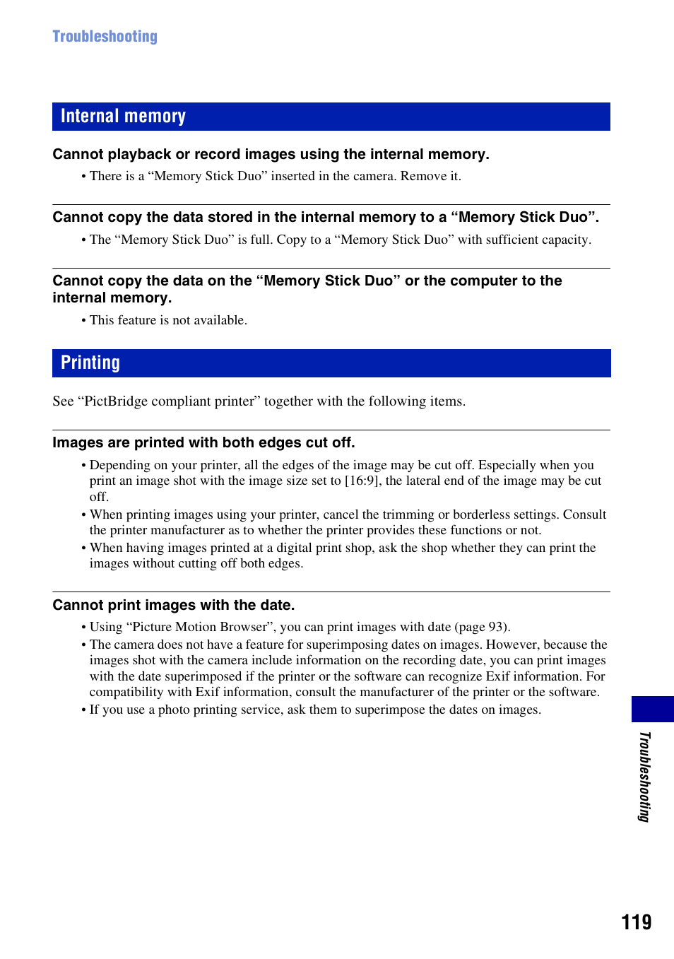 Internal memory, Printing | Sony Cyber-shot 3-700-727-12(1) User Manual | Page 119 / 135