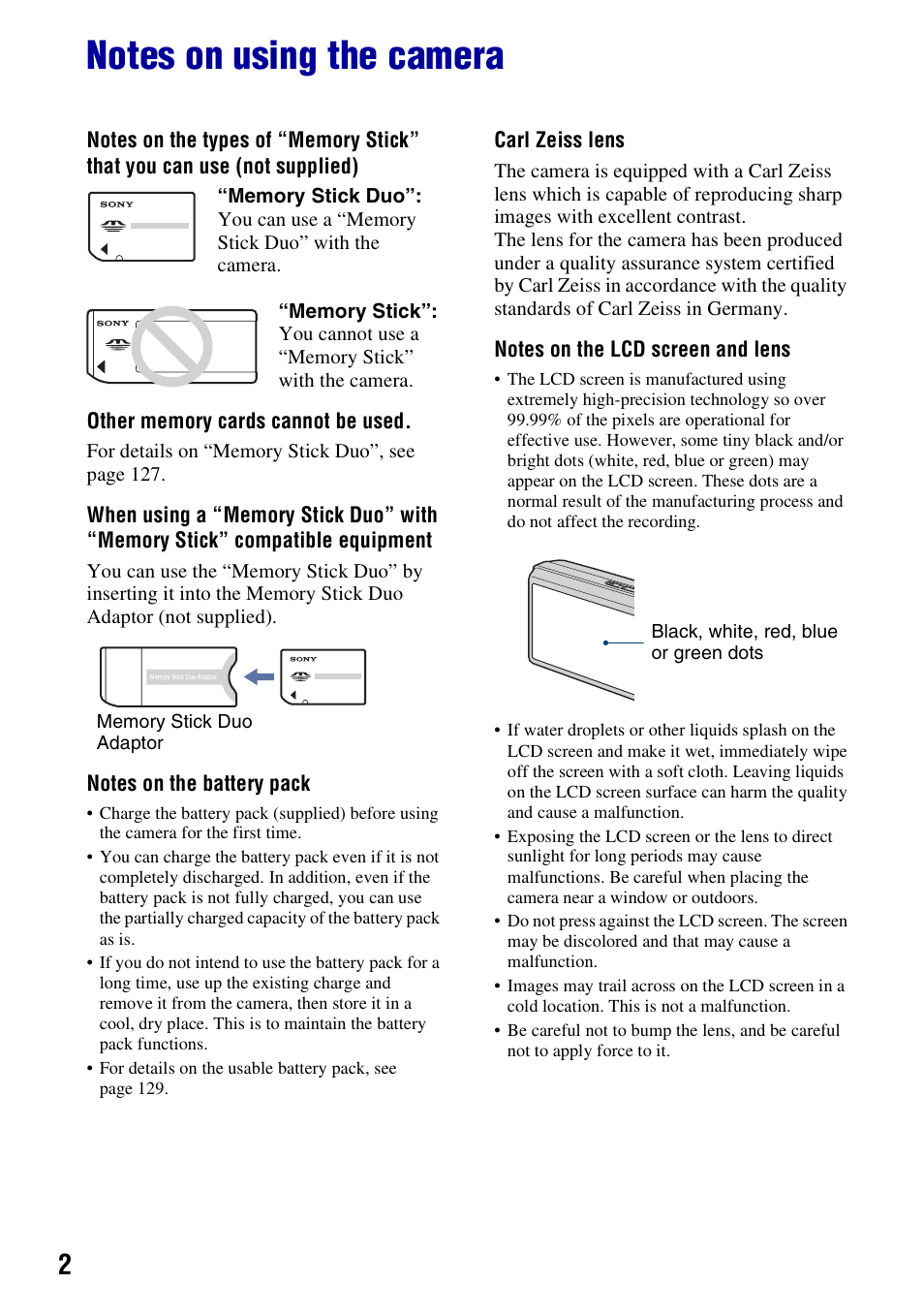 Notes on using the camera | Sony Cyber-shot 3-700-727-12(1) User Manual | Page 2 / 135