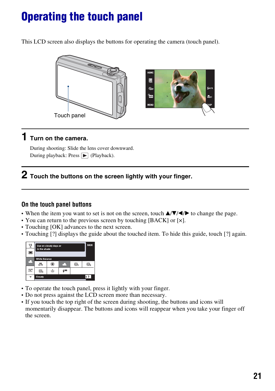 Operating the touch panel | Sony Cyber-shot 3-700-727-12(1) User Manual | Page 21 / 135