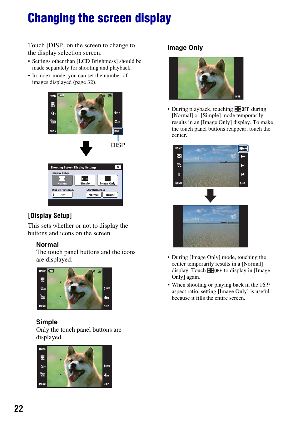 Changing the screen display | Sony Cyber-shot 3-700-727-12(1) User Manual | Page 22 / 135