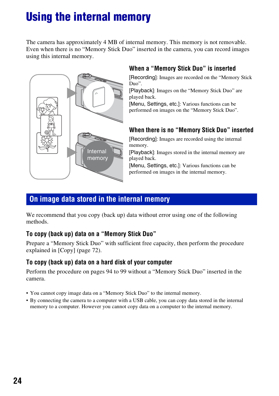 Using the internal memory | Sony Cyber-shot 3-700-727-12(1) User Manual | Page 24 / 135