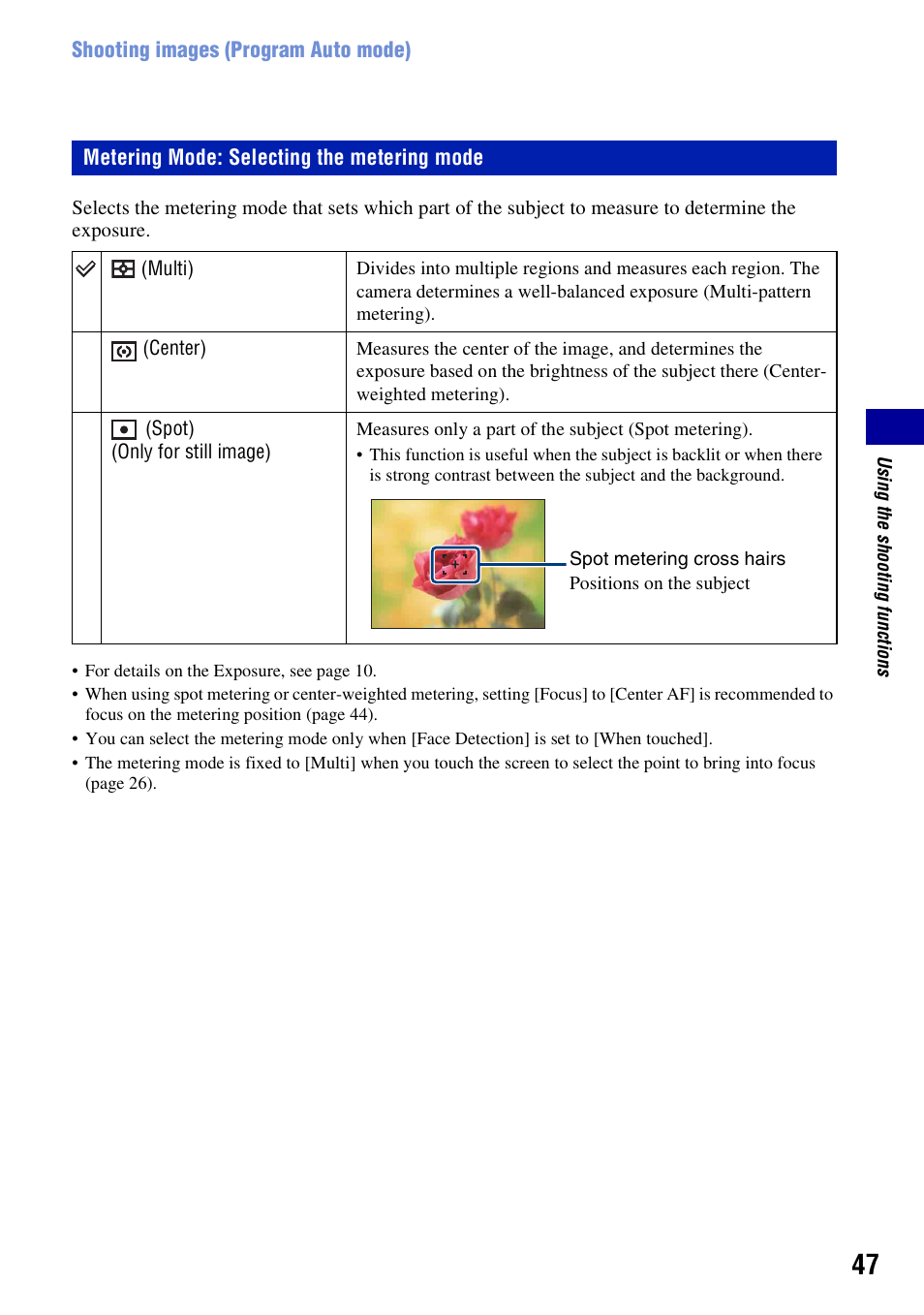 Metering mode: selecting the metering mode | Sony Cyber-shot 3-700-727-12(1) User Manual | Page 47 / 135