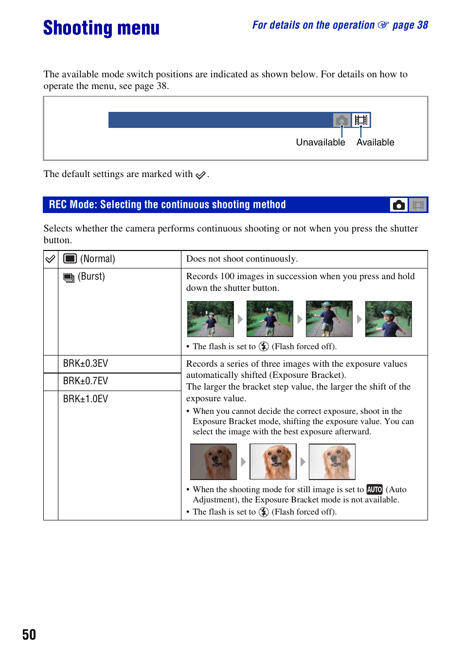 Shooting menu, Rec mode: selecting the continuous shooting method | Sony Cyber-shot 3-700-727-12(1) User Manual | Page 50 / 135