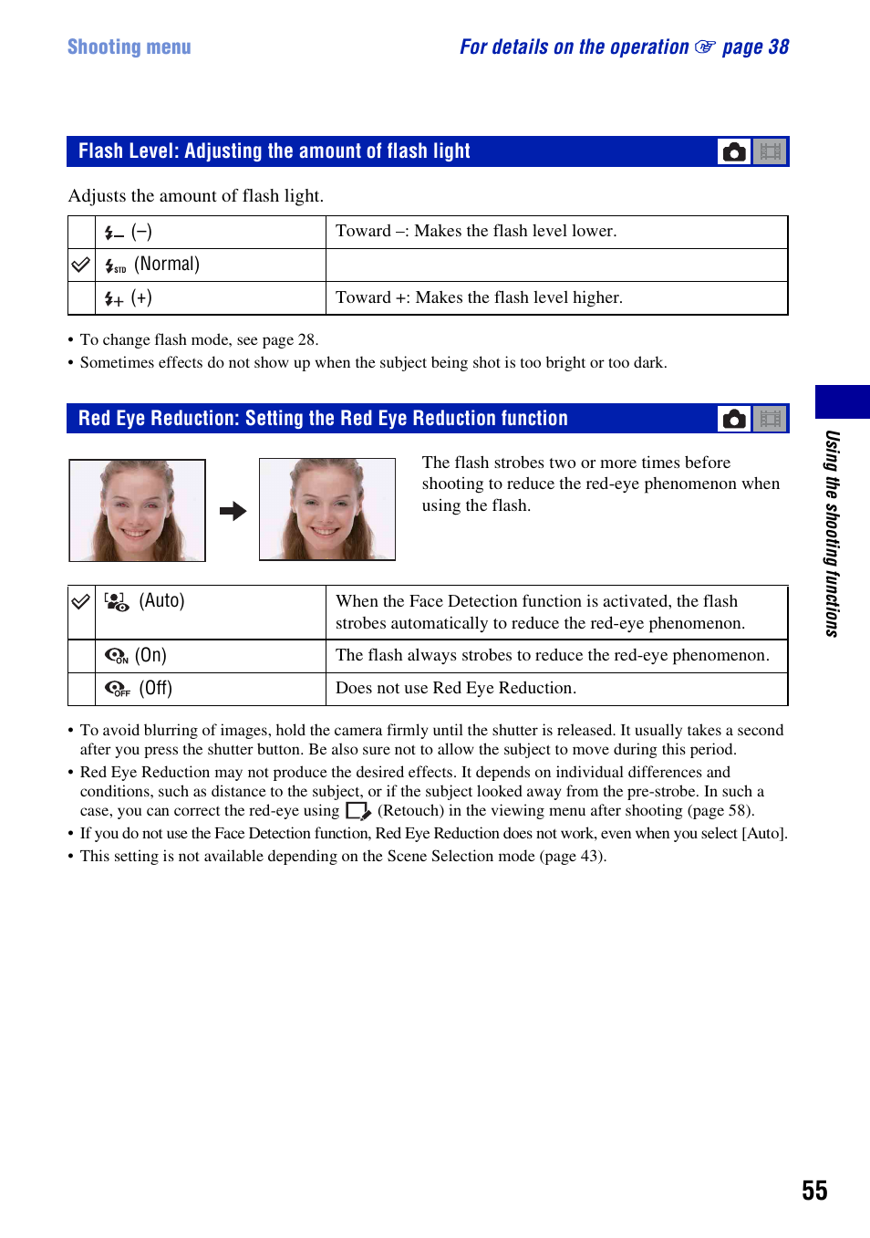 Flash level: adjusting the amount of flash light, N (55), L (55) | Sony Cyber-shot 3-700-727-12(1) User Manual | Page 55 / 135