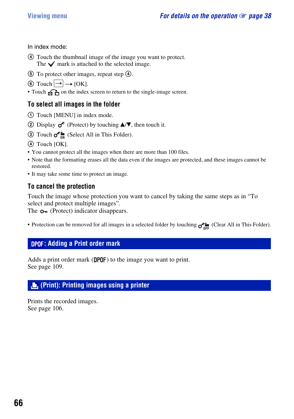 Adding a print order mark, Print): printing images using a printer | Sony Cyber-shot 3-700-727-12(1) User Manual | Page 66 / 135