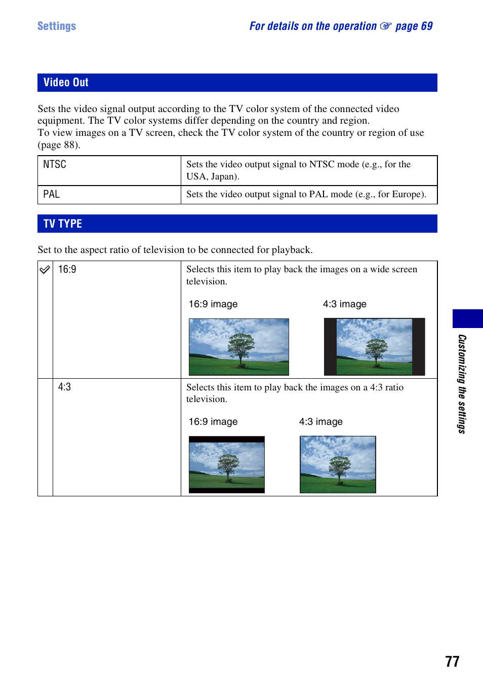 Video out, Tv type | Sony Cyber-shot 3-700-727-12(1) User Manual | Page 77 / 135