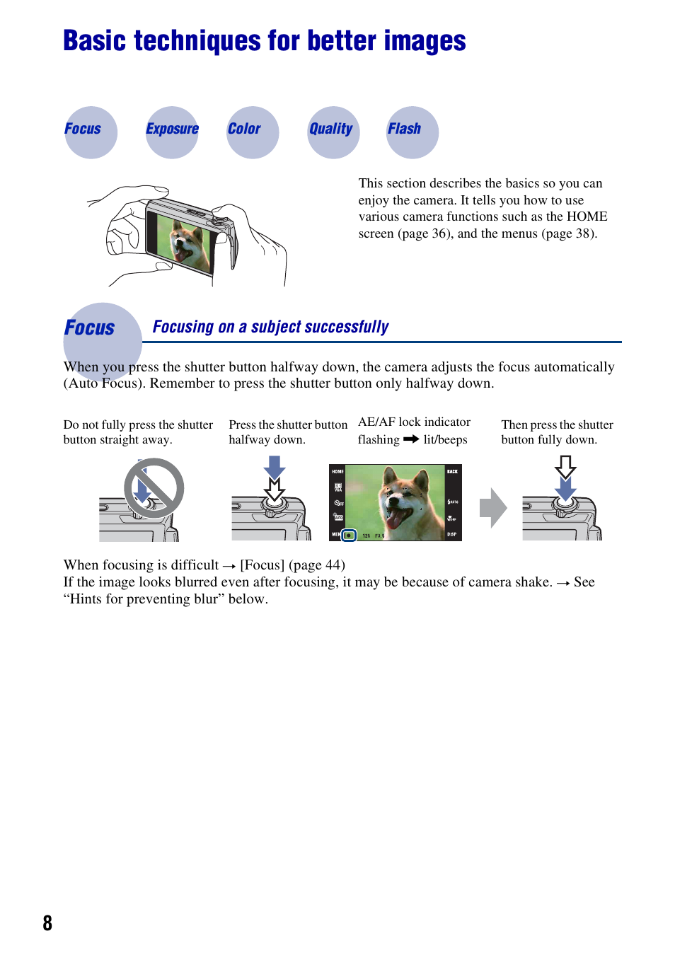 Basic techniques for better images, Focus, Focusing on a subject successfully | Sony Cyber-shot 3-700-727-12(1) User Manual | Page 8 / 135