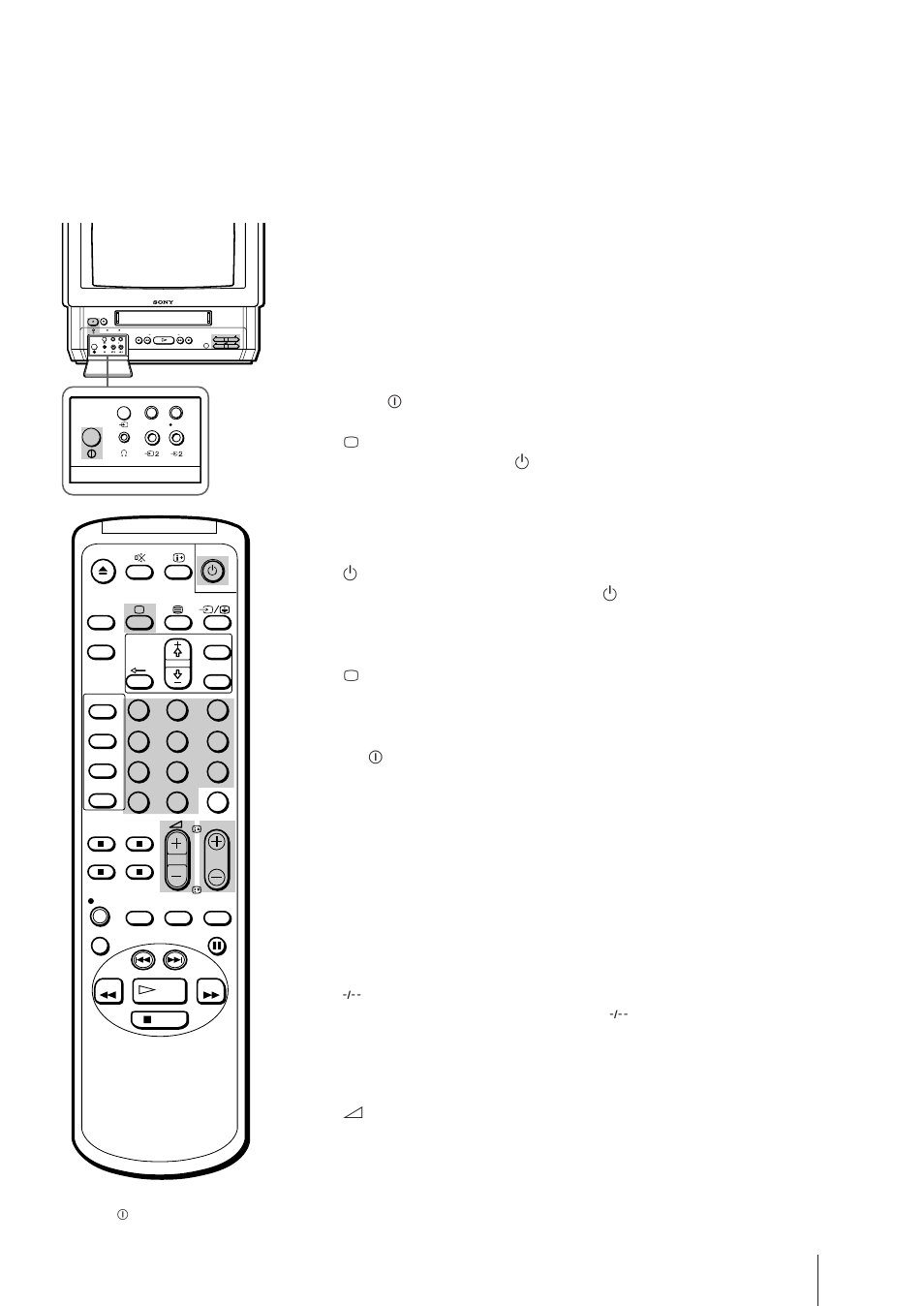 Watching the tv, Switching the video tv on and off, Selecting tv programmes | Adjusting the volume, Switching on, Switching off temporarily | Sony Trinitron KV-21V5U User Manual | Page 17 / 52