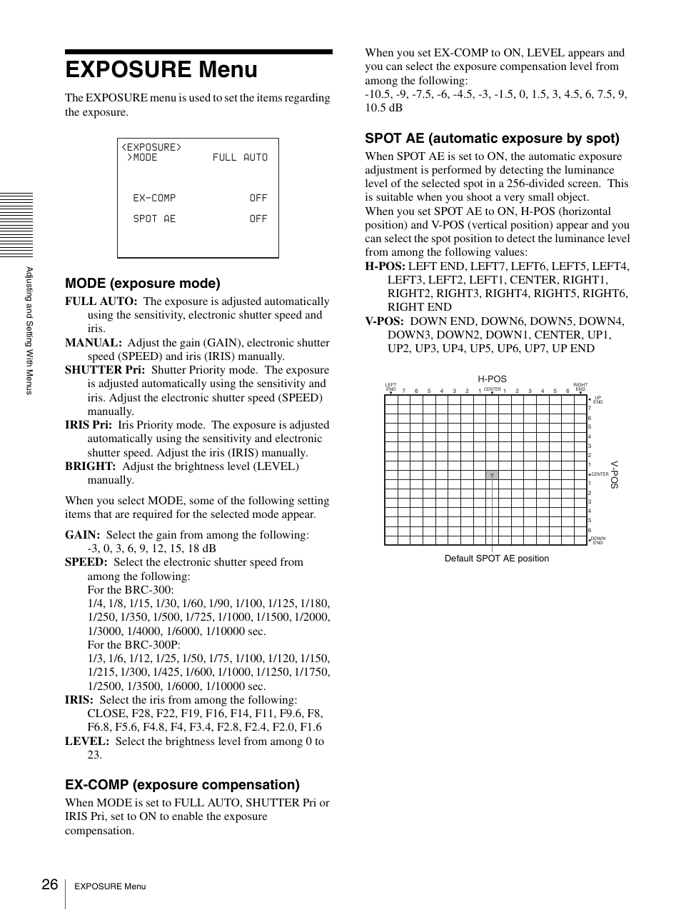 Exposure menu, Mode (exposure mode), Ex-comp (exposure compensation) | Spot ae (automatic exposure by spot) | Sony 3CCD COLOR BRC-300P User Manual | Page 26 / 68