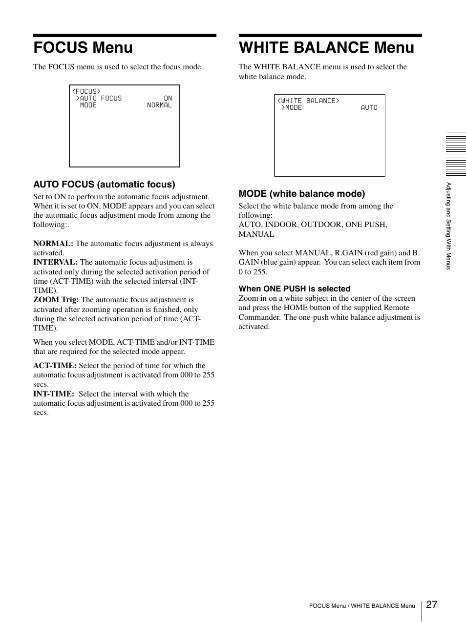 Focus menu, White balance menu, Auto focus (automatic focus) | Mode (white balance mode) | Sony 3CCD COLOR BRC-300P User Manual | Page 27 / 68