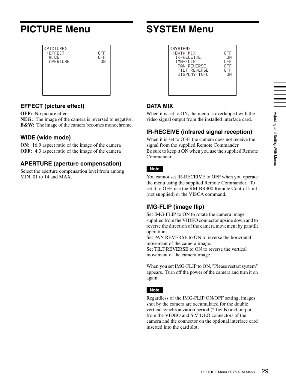 Picture menu, System menu, Effect (picture effect) | Wide (wide mode), Aperture (aperture compensation), Data mix, Ir-receive (infrared signal reception), Img-flip (image flip) | Sony 3CCD COLOR BRC-300P User Manual | Page 29 / 68