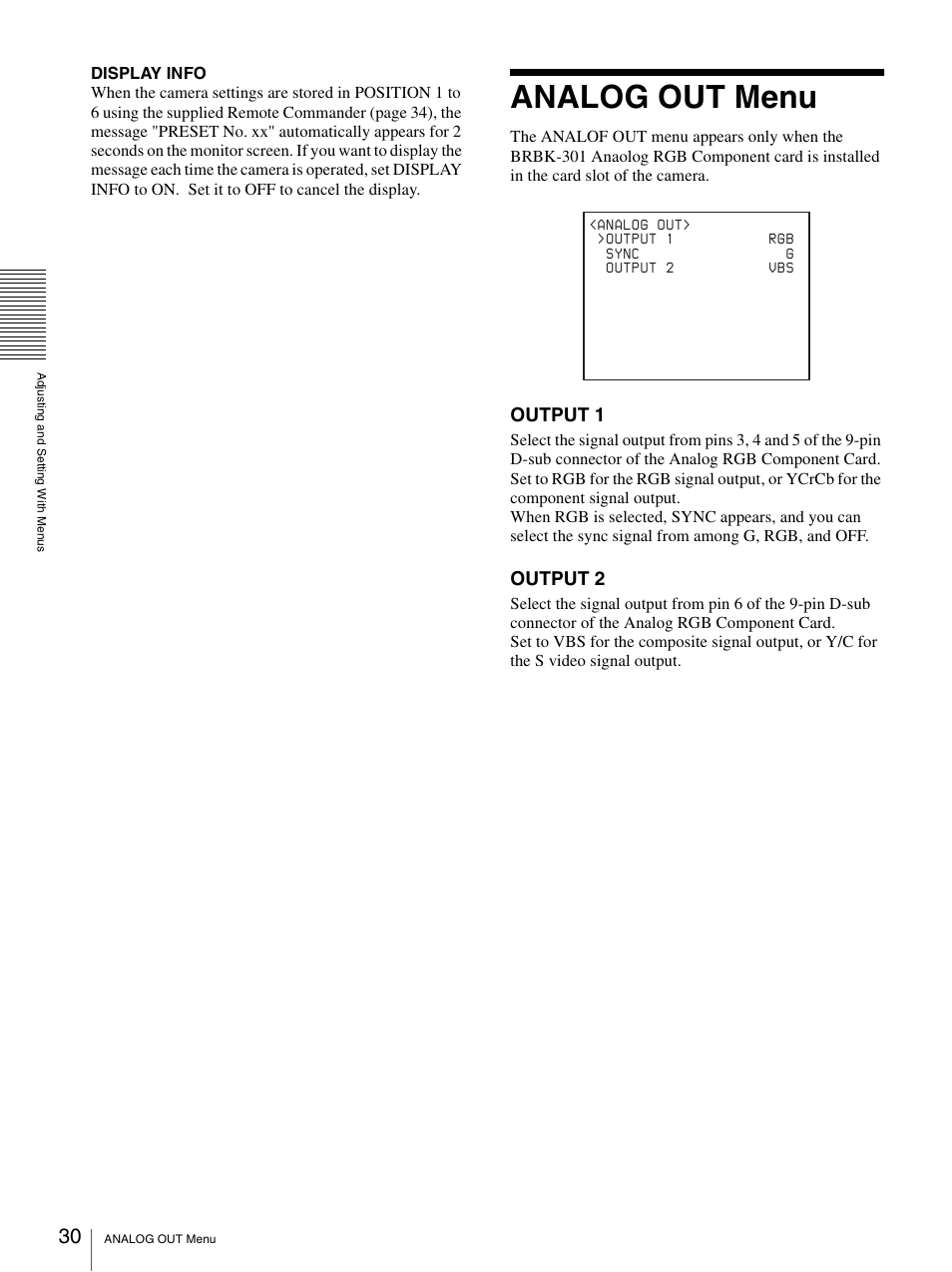 Analog out menu, Output 1, Output 2 | Sony 3CCD COLOR BRC-300P User Manual | Page 30 / 68