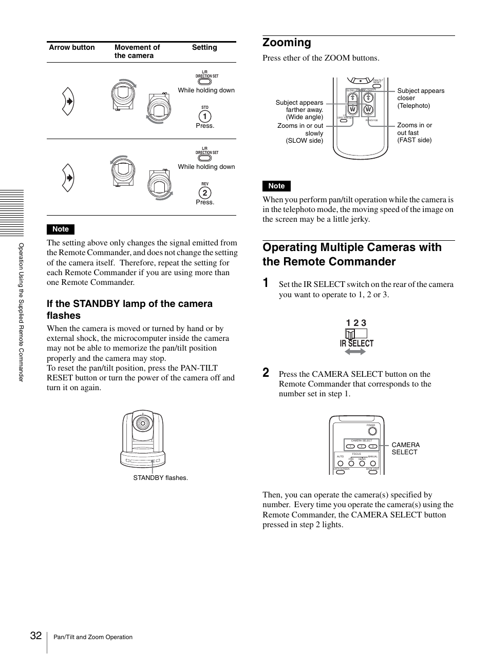 Zooming, Zooming operating multiple cameras with the remote, Commander | If the standby lamp of the camera flashes, Ir select 1 2 3, Press ether of the zoom buttons | Sony 3CCD COLOR BRC-300P User Manual | Page 32 / 68