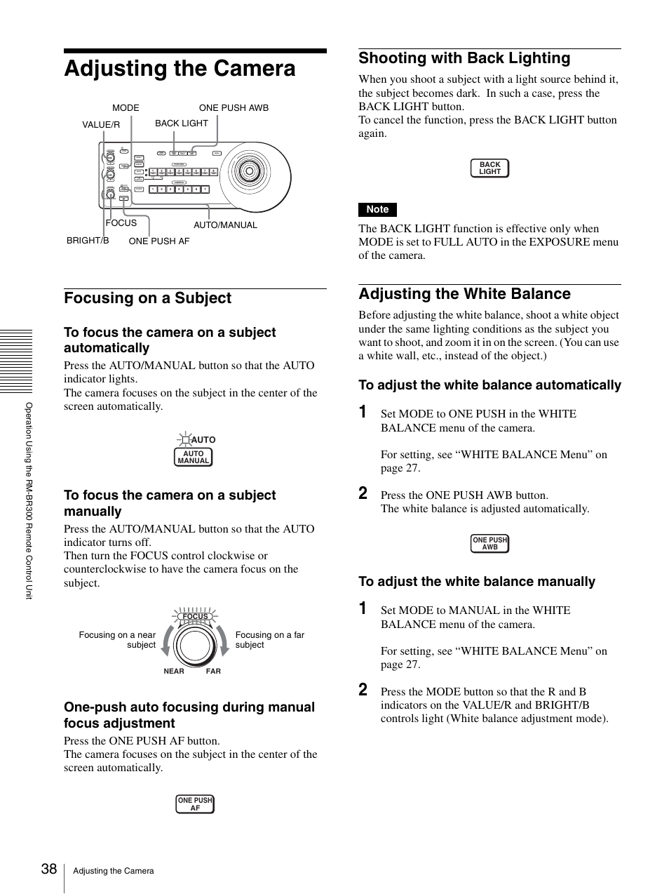 Adjusting the camera, Focusing on a subject, Shooting with back lighting | Adjusting the white balance | Sony 3CCD COLOR BRC-300P User Manual | Page 38 / 68
