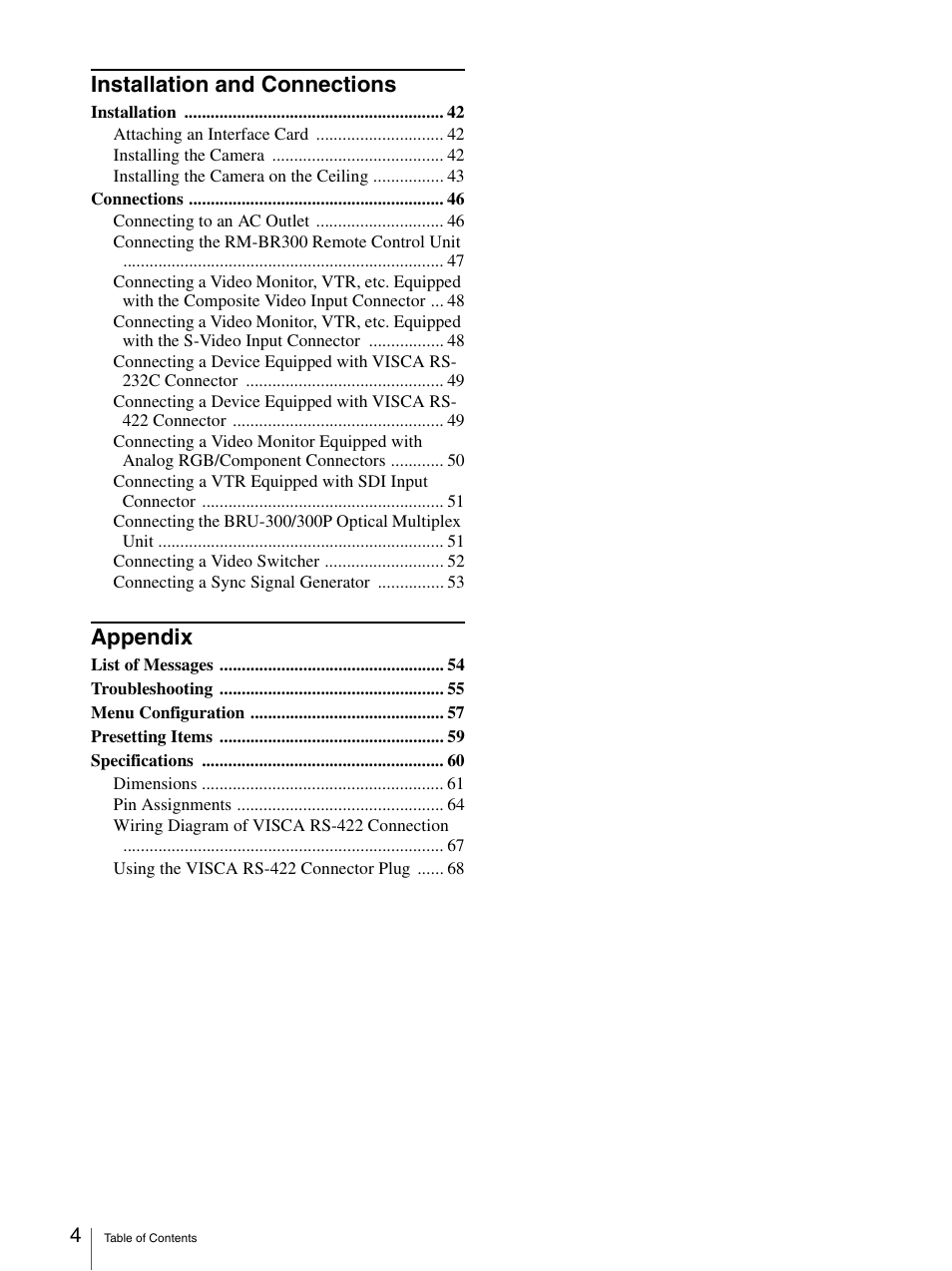 Installation and connections, Appendix | Sony 3CCD COLOR BRC-300P User Manual | Page 4 / 68